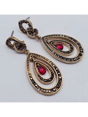 Monet Gold-Tone Teardrop Earrings With Red & Black Accents